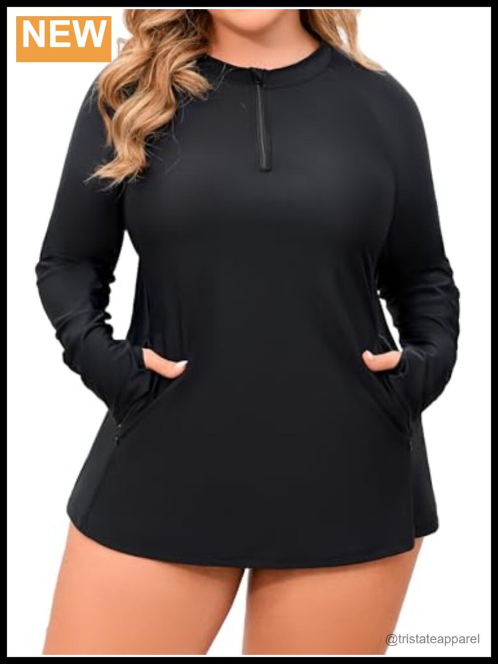 Plus Size Rash Guard Long Sleeve Swim Shirt UPF 50+ with Pockets